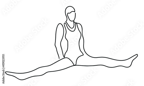 One line drawing of ballerina in a bodysuit sits in a cross twine.
One continuous line drawing of sitting ballerina.
