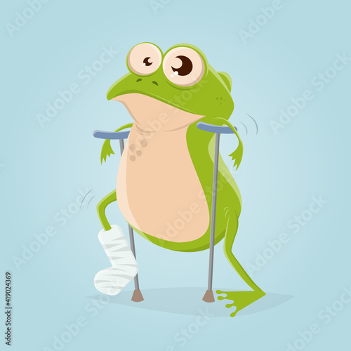 funny cartoon illustration of a frog with broken leg