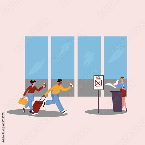 People in airport. Young couple run to airplane. Man woman with suitcases. Family vacations or summer rest vector illustration. couple is late for the plane.