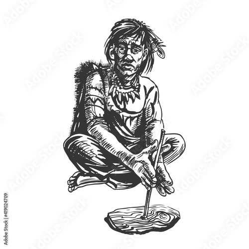 Neanderthal man makes a fire. Hand drawn sketch.