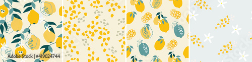 Set of artistic seamless pattern with abstract flowers, shapes, leaves, lemons and pears in yellow and blue. Vector illustration.