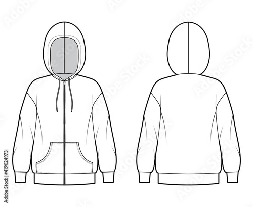 Zip-up Hoody sweatshirt technical fashion illustration with long sleeves, oversized body, kangaroo pouch, banded hem. Flat extra large template front, back, white color. Women, men, unisex CAD mockup