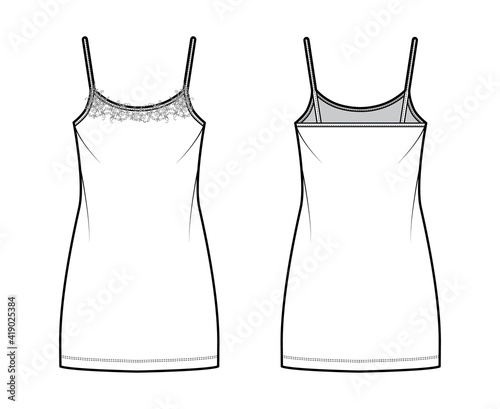 Chemise dress Sleepwear Pajama technical fashion illustration with mini length, lace, oversized, scoop neck cami, trapeze silhouette. Flat front back, white color style. Women, men unisex CAD mockup