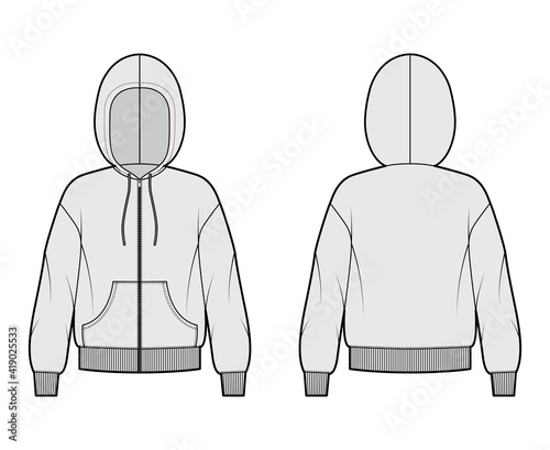 Zip-up Hoody sweatshirt technical fashion illustration with long sleeves, oversized body, kangaroo pouch, knit rib cuff, banded hem. Flat template front, back, grey color. Women, men unisex CAD mockup