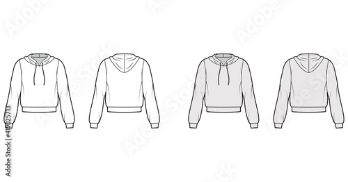 Hoody sweatshirt technical fashion illustration with elbow sleeves, relax body, banded hem, cuff, drawstring. Flat small apparel template front, back, white, grey color style. Women, men CAD mockup