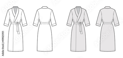 Bathrobe Dressing gown technical fashion illustration with wrap opening, knee length, oversized, tie, elbow sleeves. Flat apparel front back, white, grey color style. Women, men unisex CAD mockup
