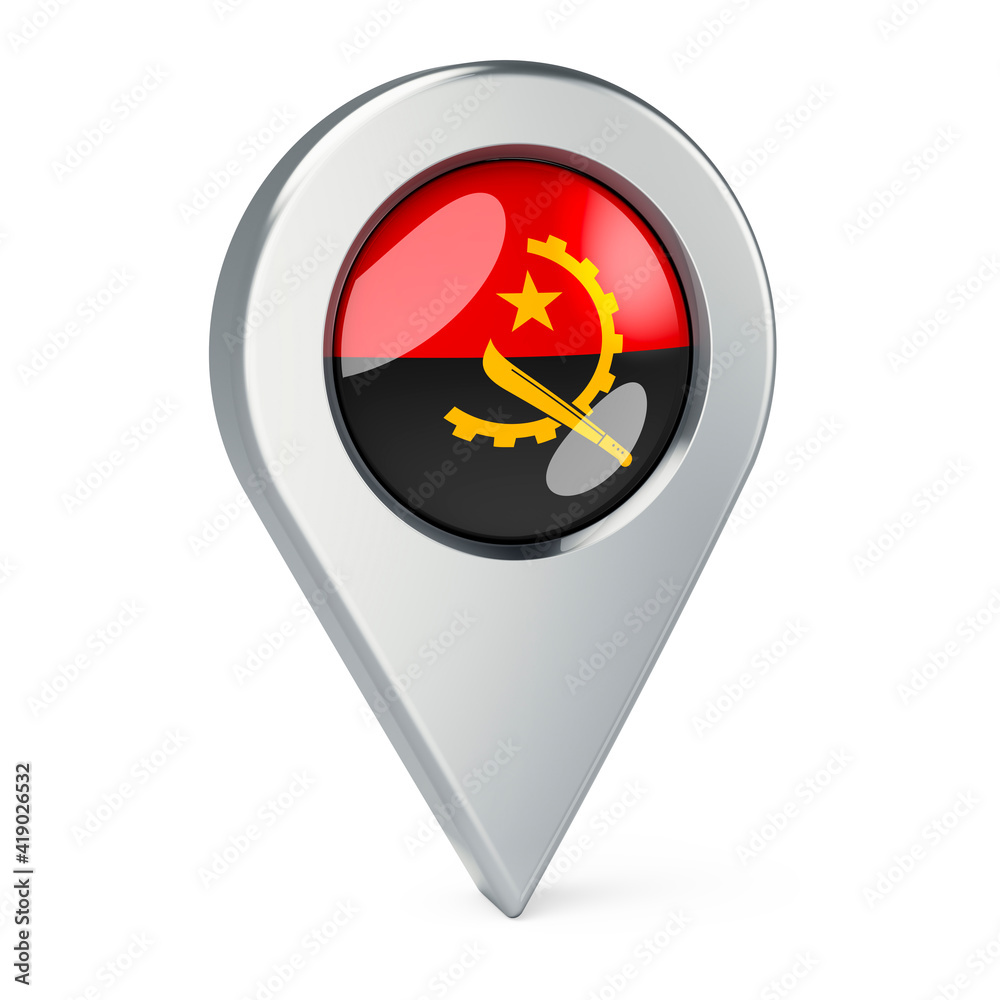Map pointer with flag of Angola, 3D rendering Map pointer with flag of Angola, 3D rendering