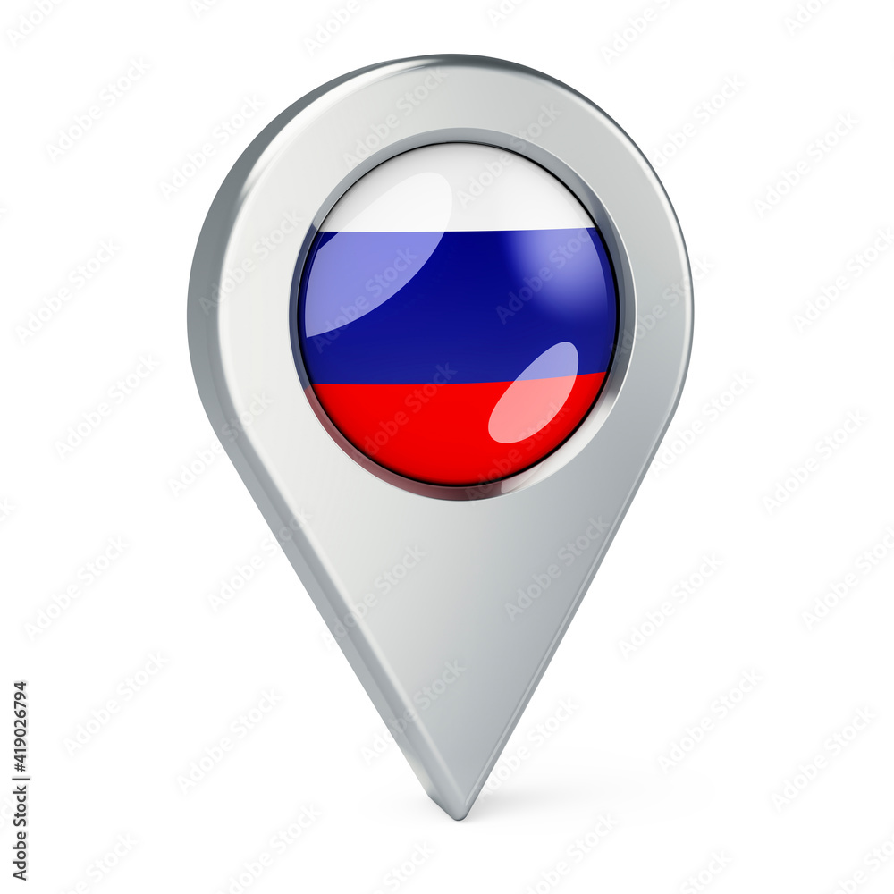 Map pointer with flag of Russia, 3D rendering Map pointer with flag of Russia, 3D rendering