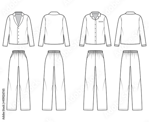 Set of Sleepwear Pajamas shirt, pants technical fashion illustration with full length, normal low waist, oversized, pockets, long sleeves. Flat front back, white color style. Women, men CAD mockup