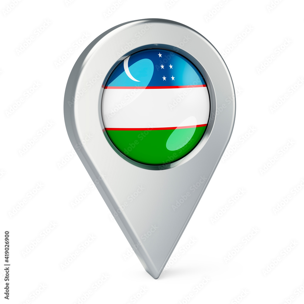 Map pointer with flag of Uzbekistan, 3D rendering Map pointer with flag of Uzbekistan, 3D rendering