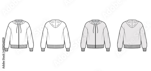 Zip-up Hoody sweatshirt technical fashion illustration with long sleeves, oversized body, knit rib cuff, hem. Flat large apparel template front, back, white, grey color. Women, men, unisex CAD mockup