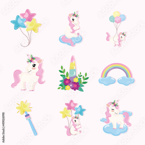 four unicorns and magic icons