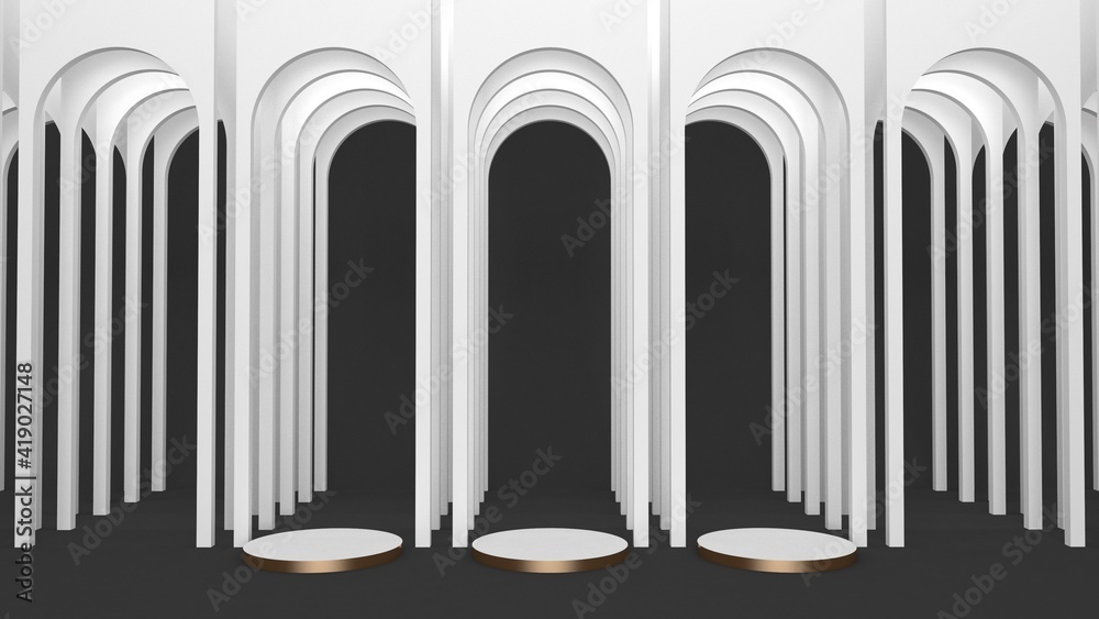Three gold podiums. White round arches interior on a black background. 3d render. Round stands. Three gold podiums. White round arches interior on a black background. 3d render. Round stands.