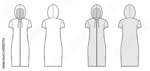 Zip-up Hoody dress technical fashion illustration with short sleeves, knee length, oversized body, Pencil fullness. Flat apparel template front, back, white, grey color. Women, men, unisex CAD mockup