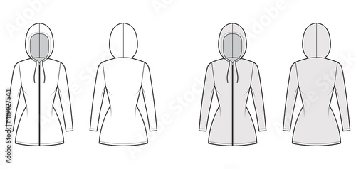 Zip-up Hoody dress technical fashion illustration with long sleeves, mini length, fitted body, Pencil fullness. Flat apparel template front, back, white, grey color style. Women, men unisex CAD mockup