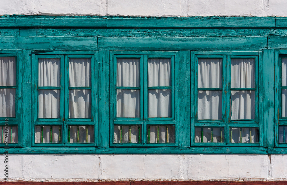 Almagro. Beautiful windows on a facade in the Plaza Mayor. Castile-La Mancha, Spain