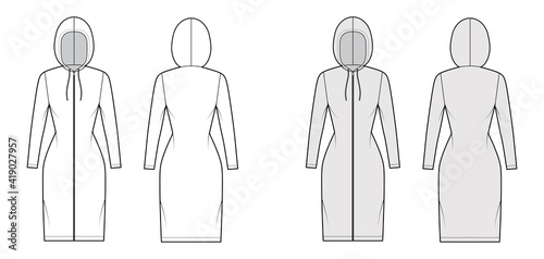 Zip-up Hoody dress technical fashion illustration with long sleeves, knee length, fitted body, Pencil fullness. Flat apparel template front, back, white, grey color style. Women, men unisex CAD mockup