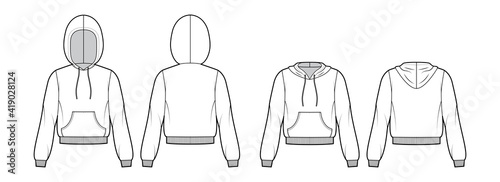 Set of Hoody sweatshirt technical fashion illustration with long sleeves, relax body, kangaroo pouch, banded hem. Flat apparel template front, back, white color style. Women, men, unisex CAD mockup