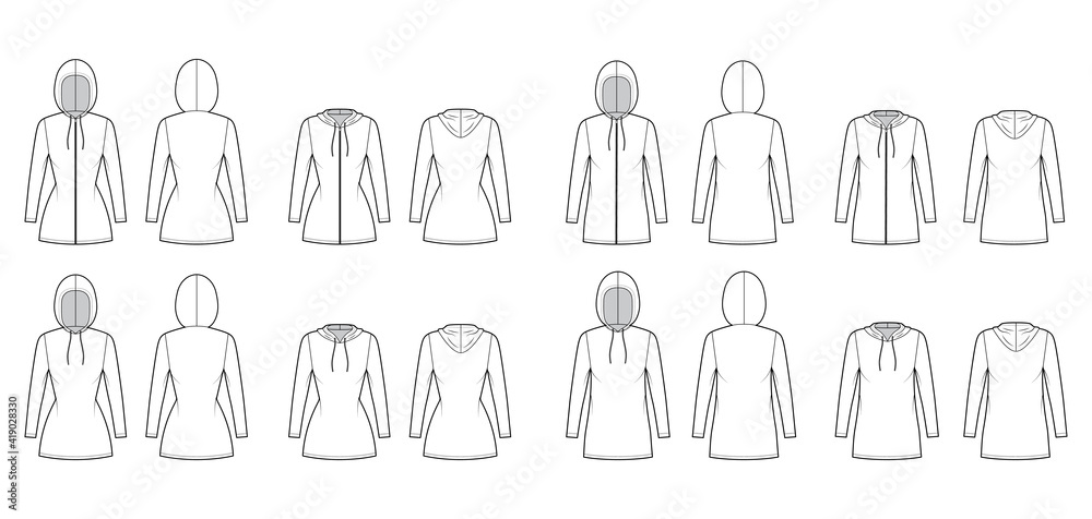 Set of Zip-up Hoody dresses technical fashion illustration with long sleeves, mini length, oversized, fitted body, Pencil fullness. Flat apparel front, back, white color. Women, men, unisex CAD mockup Set of Zip-up Hoody dresses technical fashion illustration with long sleeves, mini length, oversized, fitted body, Pencil fullness. Flat apparel front, back, white color. Women, men, unisex CAD mockup