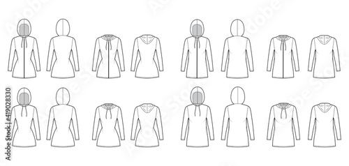 Set of Zip-up Hoody dresses technical fashion illustration with long sleeves, mini length, oversized, fitted body, Pencil fullness. Flat apparel front, back, white color. Women, men, unisex CAD mockup