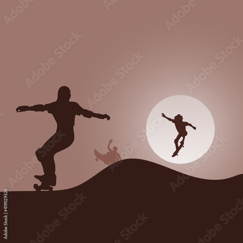 three skateboarders jumping on a ramp in the evening with brown gradient shade background illustration vector.