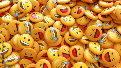 3d rendering of a bunch of yellow emojis laughing and smiling photo