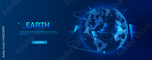 Planet Earth from space. Flickering lights of cities. Map of the mainland. Global communications system and the World Wide Web. Technologies and communications. Globalization. Luminous sphere. Vector.