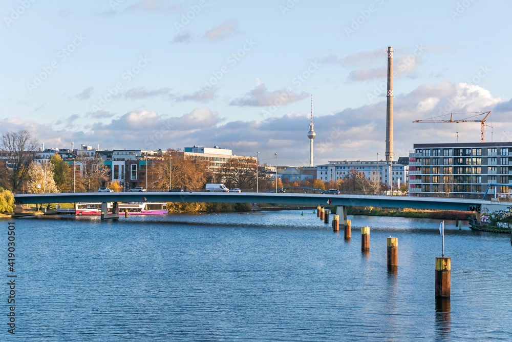 Nordhafen with the Nordhafen road bridge and television tower in Berlin, Germany