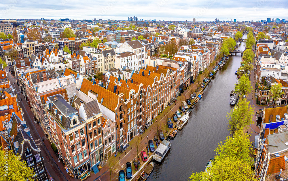 Aerial view of the central Amsterdam in the early spring, Netherlands