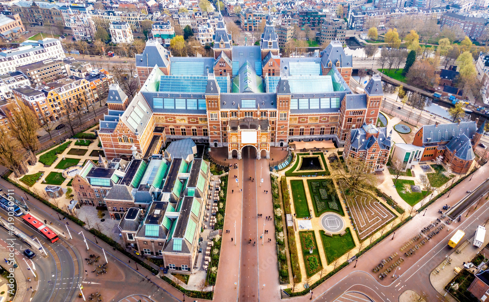 Fototapeta premium Aerial view of Rijksmuseum in Amsterdam in the morning, Netherlands