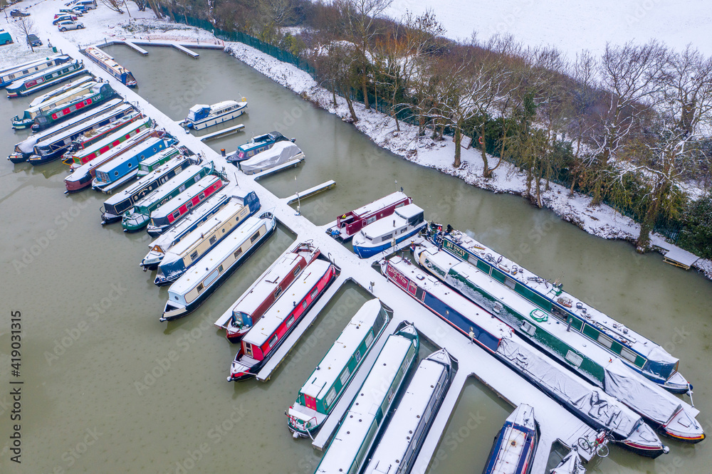 Naklejka premium Winter Narrowboats at the Marina