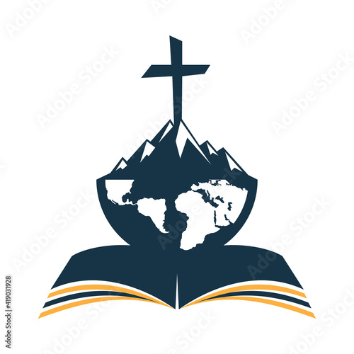 Global bible cross logo vector  design with mountain. Cross on mountain with Holly book.