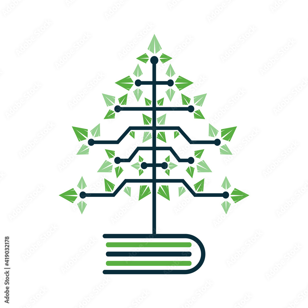 Book Vector Digital Christmas tree. Technical Tree with book Vector Template Design.