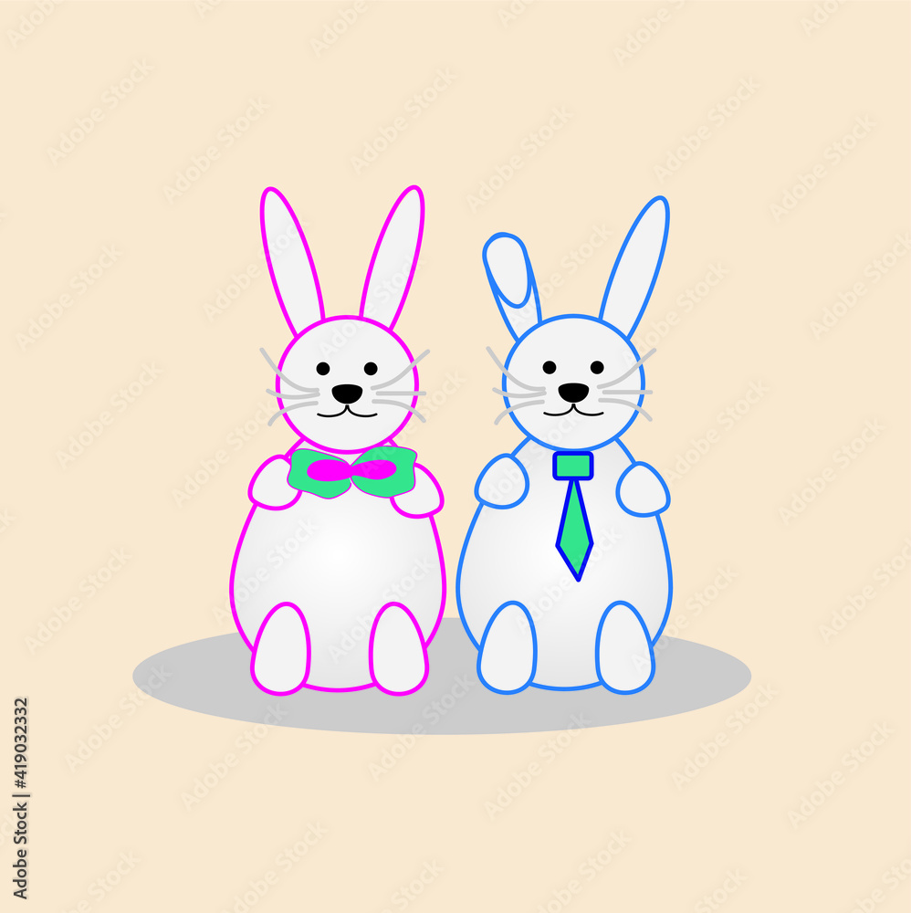 Fototapeta premium two kawaii style easter bunnies isolated on a trendy beige background, greeting card design template, banner