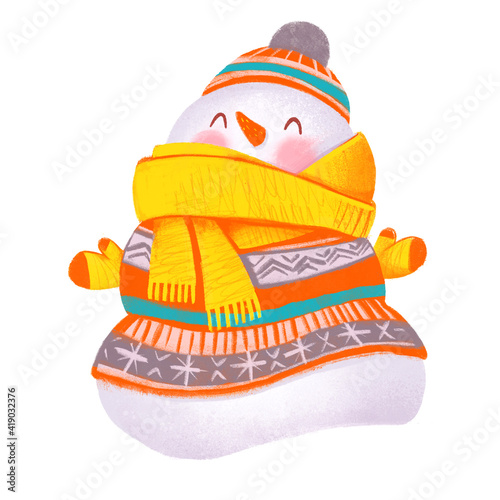 Snowman dressed warmly. Symbol New Year. Fun greeting card. Funny cartoon character. Isolated on white background. Hand-drawing Illustration