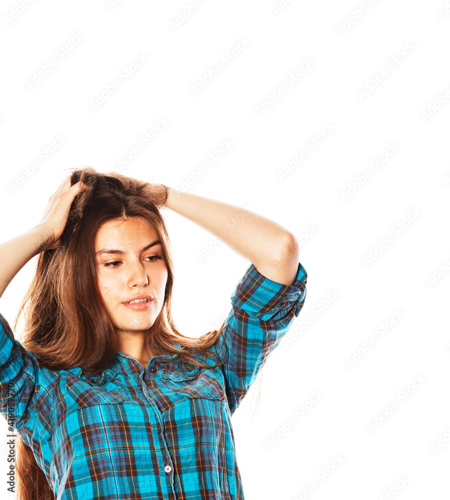 young pretty woman posing on white background isolated emotional hipster student thinking smiling young pretty woman posing on white background isolated emotional hipster student thinking smiling