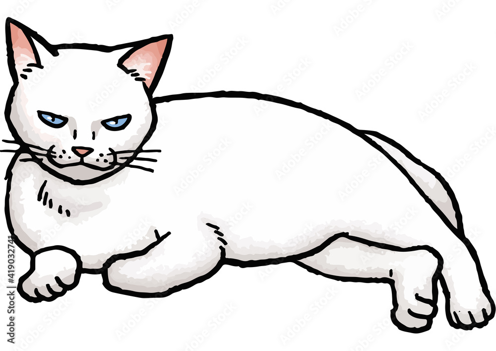 【手描きベクター動物イラスト素材】だらっと寝そべっている白猫のイラスト
