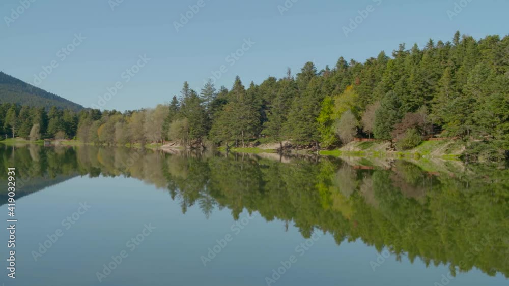 The lush pine forest reflects on the lake. The sky reflects on the water. The lush pine forest reflects on the lake. The sky reflects on the water.