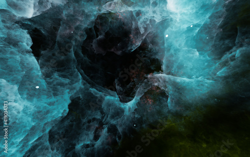 blue and green nebula abstract background with dark tunnel. 3d rendering