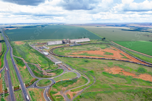 Row of trucks in dry port for the outflow of the agricultural crop in the Midwest in Goiânia, Brazil