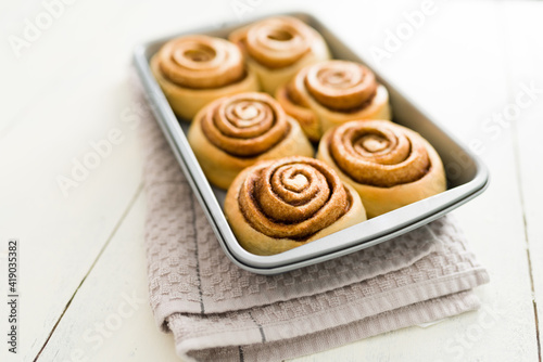 Close up of delicious sweet rolls ready to eat in the kitchen