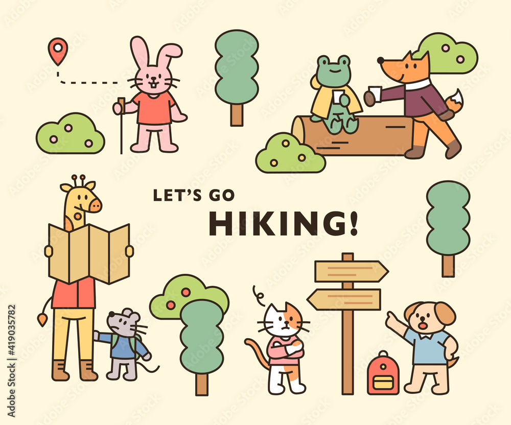 Fototapeta premium Animal hiking poster. Cute animals are traveling through the forest. flat design style minimal vector illustration.