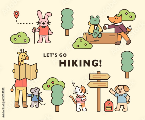 Animal hiking poster. Cute animals are traveling through the forest. flat design style minimal vector illustration.
