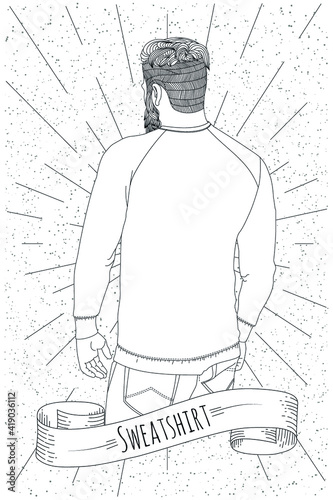 Sports Sweatshirt on a guy with a beard. Seen from the back. Vector illustration.