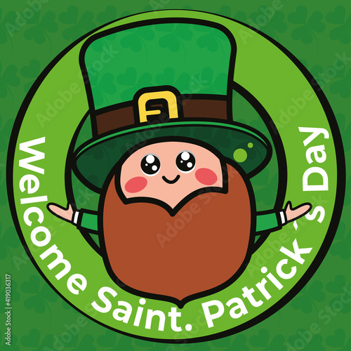 Welcome saint patricks day card with irish elf cartoon - Vector