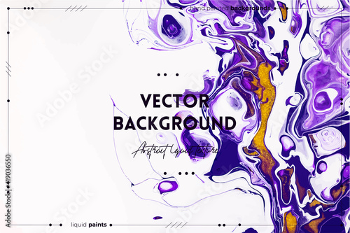 Fluid art texture. Background with abstract mixing paint effect. Liquid acrylic artwork with colorful mixed paints. Can be used for background or poster. Violet, white and golden overflowing colors