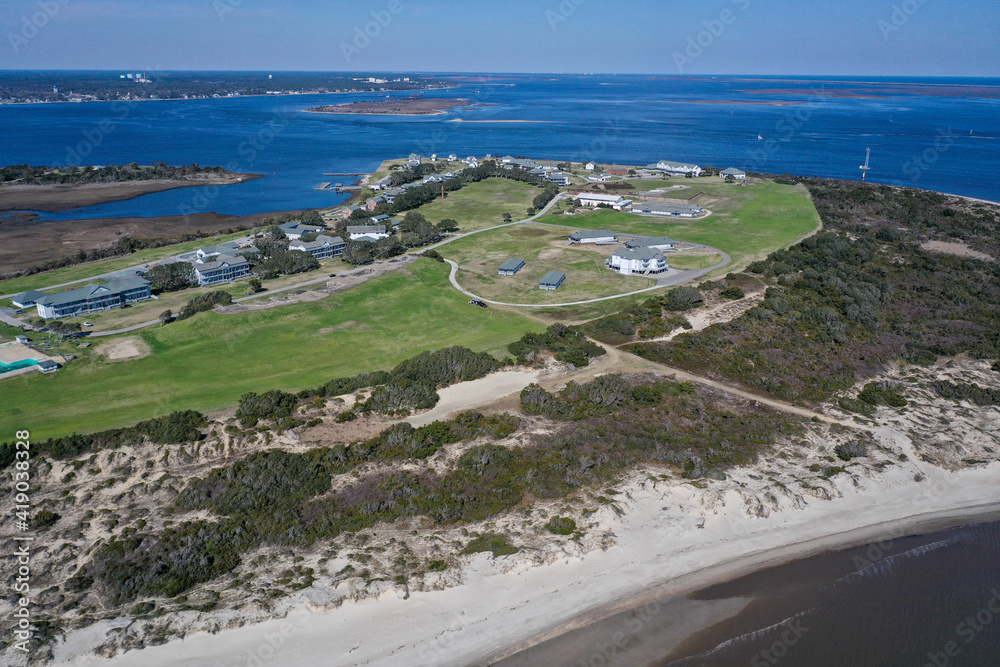 Aerial View of Fort Caswell with the waterway behind.