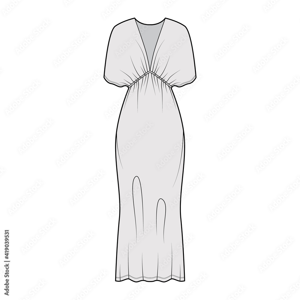 Kaftan dress technical fashion illustration with deep V-neck, batwing sleeves, oversized, midi floor length, pencil cut. Flat apparel template front, grey color style. Women, men unisex CAD mockup Kaftan dress technical fashion illustration with deep V-neck, batwing sleeves, oversized, midi floor length, pencil cut. Flat apparel template front, grey color style. Women, men unisex CAD mockup