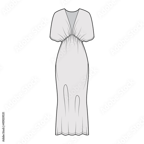 Kaftan dress technical fashion illustration with deep V-neck, batwing sleeves, oversized, midi floor length, pencil cut. Flat apparel template front, grey color style. Women, men unisex CAD mockup