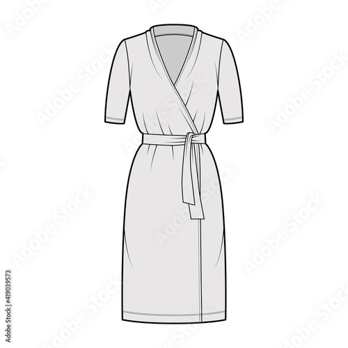 Wrap dress technical fashion illustration with deep V-neck, short sleeves, oversized, knee length, pencil cut, tie. Flat apparel template front, grey color style. Women, men unisex CAD mockup